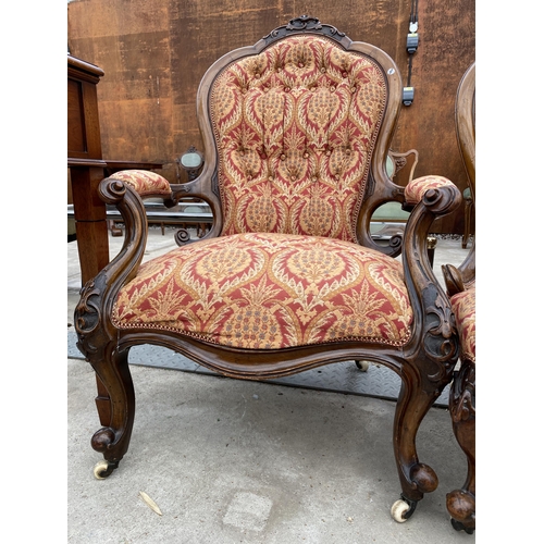 2589 - VICTORIAN LADIES AND GENTLEMAN'S LOUNGE CHAIRS, ONE WITH OPEN ARMS, BOTH HAVING CARVING AND CABRIOLE... 