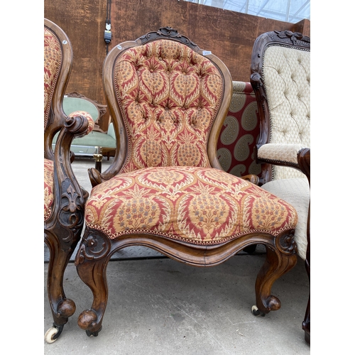 2589 - VICTORIAN LADIES AND GENTLEMAN'S LOUNGE CHAIRS, ONE WITH OPEN ARMS, BOTH HAVING CARVING AND CABRIOLE... 