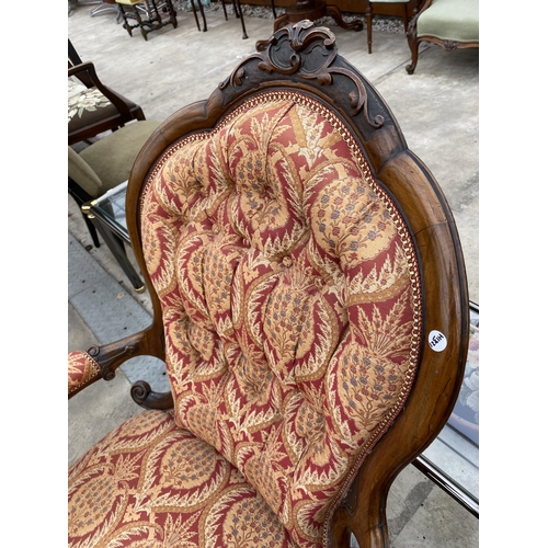 2589 - VICTORIAN LADIES AND GENTLEMAN'S LOUNGE CHAIRS, ONE WITH OPEN ARMS, BOTH HAVING CARVING AND CABRIOLE... 