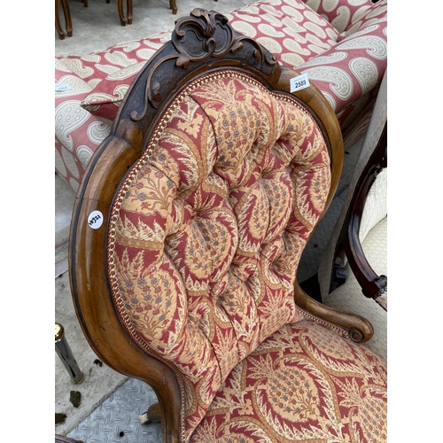 2589 - VICTORIAN LADIES AND GENTLEMAN'S LOUNGE CHAIRS, ONE WITH OPEN ARMS, BOTH HAVING CARVING AND CABRIOLE... 