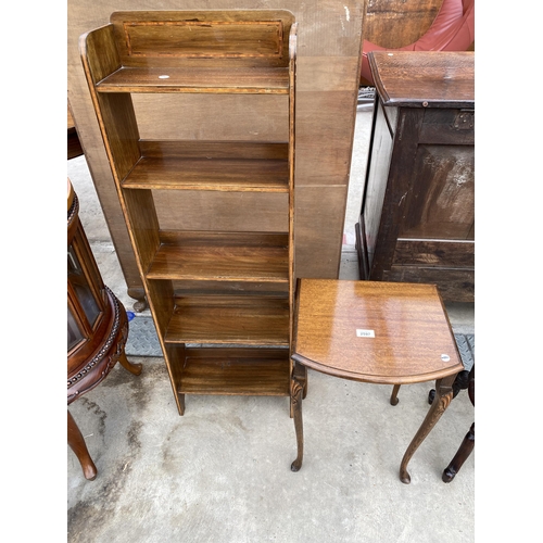 2597 - A SMALL MAHOGANY TABLE ON CABRIOLE LEGS AND MAHOGANY AND INLAID FIVE TIER OPEN BOOKCASE, 14.5