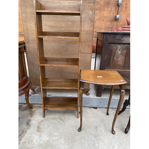 2597 - A SMALL MAHOGANY TABLE ON CABRIOLE LEGS AND MAHOGANY AND INLAID FIVE TIER OPEN BOOKCASE, 14.5