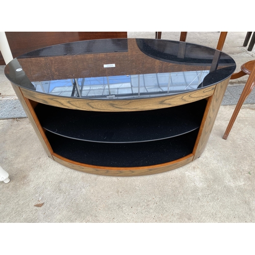 2600 - A MODERN OVAL TV STAND WITH THREE TIER GLASS SHELVES