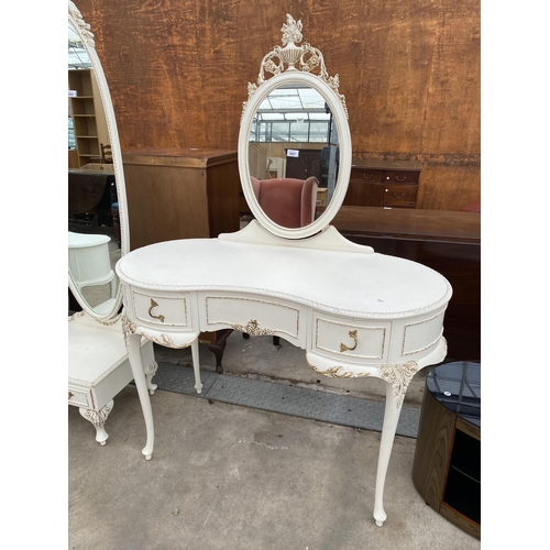 2601 - A MODERN KIDNEY SHAPED WHITE AND GILT DRESSING TABLE BY OLYMPUS FURNITURE LTD, 42.5