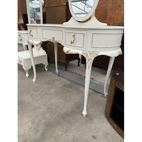 2601 - A MODERN KIDNEY SHAPED WHITE AND GILT DRESSING TABLE BY OLYMPUS FURNITURE LTD, 42.5