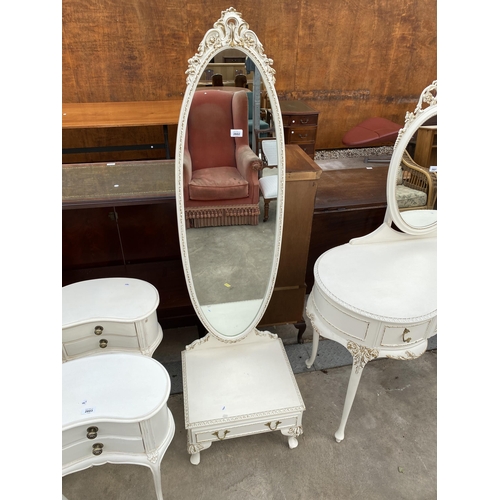 2602 - A MODERN WHITE AND GILT CHEVAL MIRROR WITH SINGLE DRAWER BY OLYMPUS FURNITURE LTD