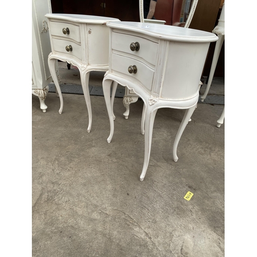 2603 - A PAIR OF MODERN WHITE AND GILT KIDNEY SHAPED BEDSIDE TABLES WITH TWO DRAWERS