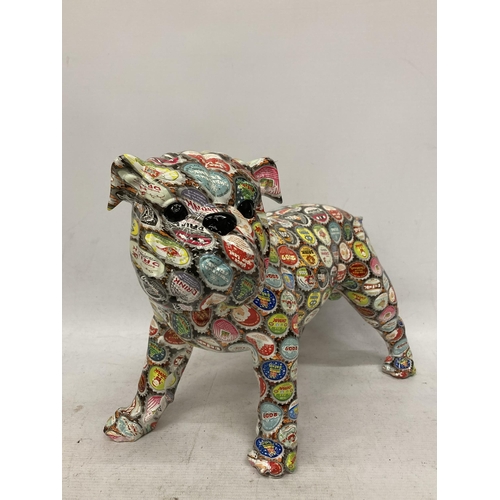 111 - A LARGE  BULLDOG WITH CONTINENTAL BOTTLE TOP DECORATION, HEIGHT 26CM, LENGTH 37CM