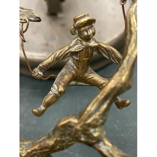 126 - A VINTAGE NOVELTY BRASS INKWELL WITH A SINGING BOY IN A TREE