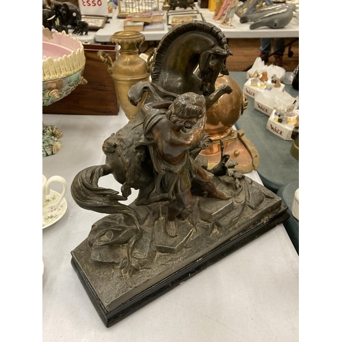 149 - A VERY HEAVY FRENCH SPELTER FIGURE OF A MAN AND HORSE ON A WOODEN BASE, HEIGHT 33CM, LENGTH 35CM - A... 