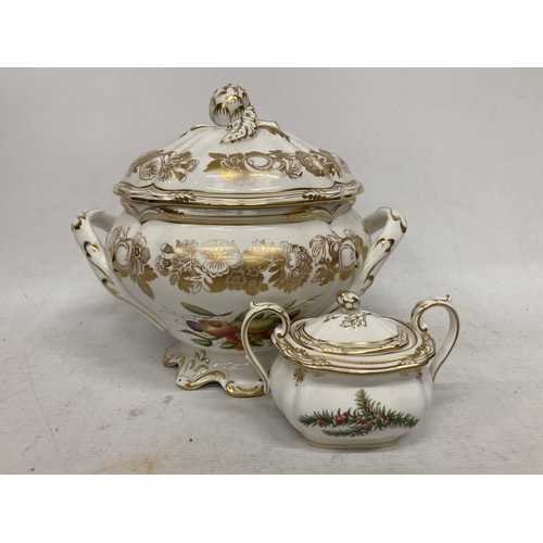 29 - TWO SPODE ITEMS - GOLDEN VALLEY PATTERN TUREEN AND STAFFORD FLOWERS LIDDED TWIN HANDLED SUGAR BOWL