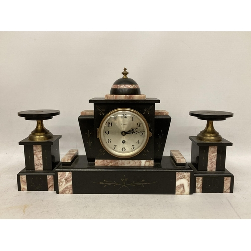 33 - AN ANTIQUE THREE PIECE FRENCH 8 DAY PINK AND BLACK MARBLE MANTLE CLOCK AND GARNITURE SET