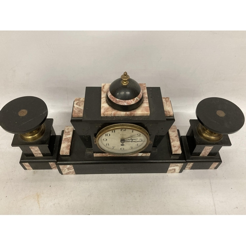 33 - AN ANTIQUE THREE PIECE FRENCH 8 DAY PINK AND BLACK MARBLE MANTLE CLOCK AND GARNITURE SET