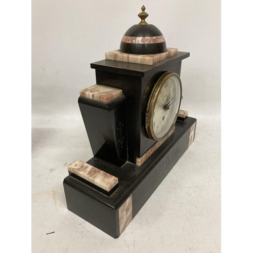 33 - AN ANTIQUE THREE PIECE FRENCH 8 DAY PINK AND BLACK MARBLE MANTLE CLOCK AND GARNITURE SET