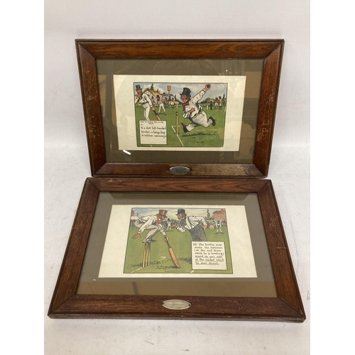 44 - A PAIR OF OAK FRAMED J CURRIE CRICKET SPORTING PRINTS WITH PRESENTATION PLAQUES FOR H.M.S KING GEORG... 