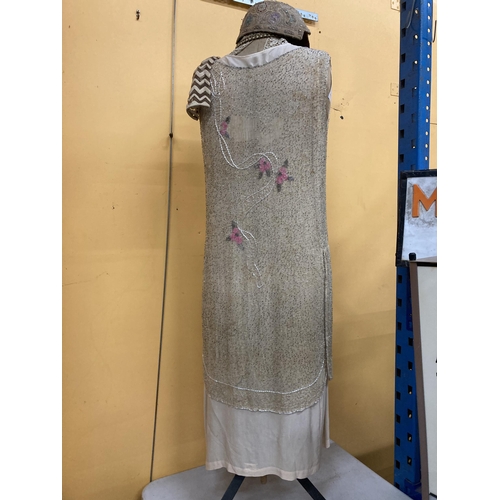 48 - AN ART DECO FINE EMBROIDERED GOWN WITH ACCESSORIES, HAT, GLOVES ETC