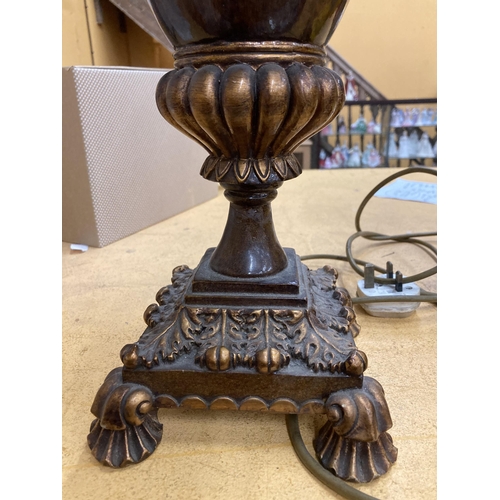 52 - A LARGE FRENCH STYLE BLACK PEDESTAL LAMP WITH FLORAL DESIGN AND METAL MOUNTS