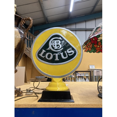 53 - A LARGE CAST STAND UP LOTUS SIGN ON PEDESTAL, 20 X 15 X 6