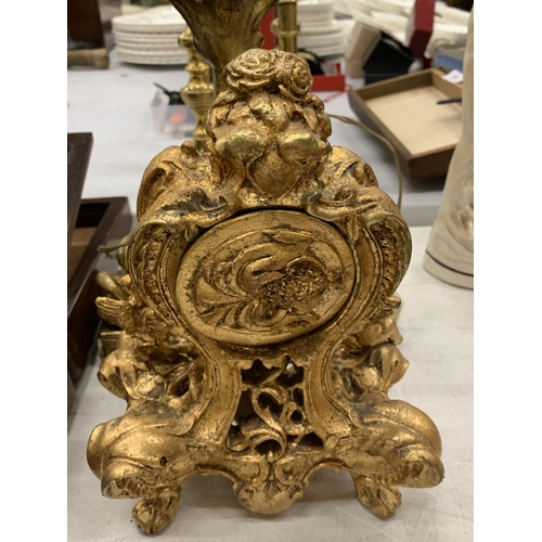 163 - A VIANTAGE STYLE CLOCK WITH CLASSICAL GILT DECORATION PLUS A GILT TABLE LAMP IN THE FORM OF A FISH