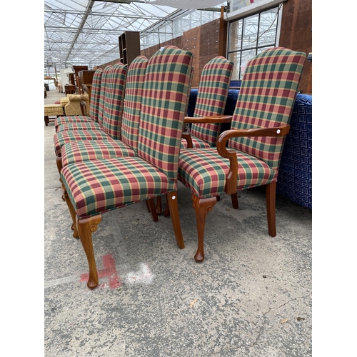 2581 - A SET OF TEN QUEEN ANNE STYLE DINING CHAIRS, TWO BEING CARVERS, ON CABRIOLE FRONT LEGS, WITH TARTAN ... 