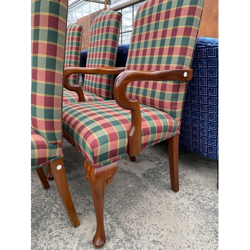 2581 - A SET OF TEN QUEEN ANNE STYLE DINING CHAIRS, TWO BEING CARVERS, ON CABRIOLE FRONT LEGS, WITH TARTAN ... 