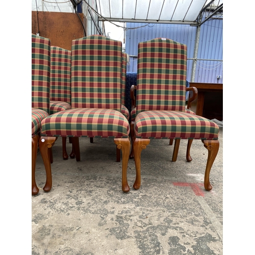 2581 - A SET OF TEN QUEEN ANNE STYLE DINING CHAIRS, TWO BEING CARVERS, ON CABRIOLE FRONT LEGS, WITH TARTAN ... 