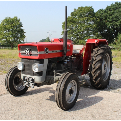 A MASSEY FERGUSON 135 TRACTOR, REGISTRATION NO. PDE593G WITH A NEW BATTERY