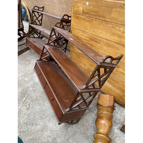 2998 - A PAIR OF 19TH CENTURY STYLE THREE TIER WALL SHELVES WITH FRETWORK SIDES ENCLOSING TWO DRAWERS EACH,... 