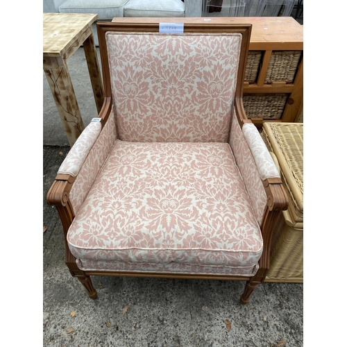 3079 - A VICTORIAN STYLE SATINWOOD FIRESIDE CHAIR ON TURNED AND FLUTED LEGS