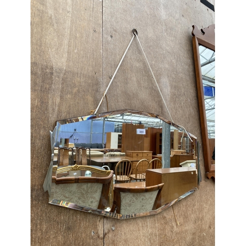 3091 - A MID 20TH CENTURY ART DEC0 FRAMELESS WALL MIRROR, 28 X 16