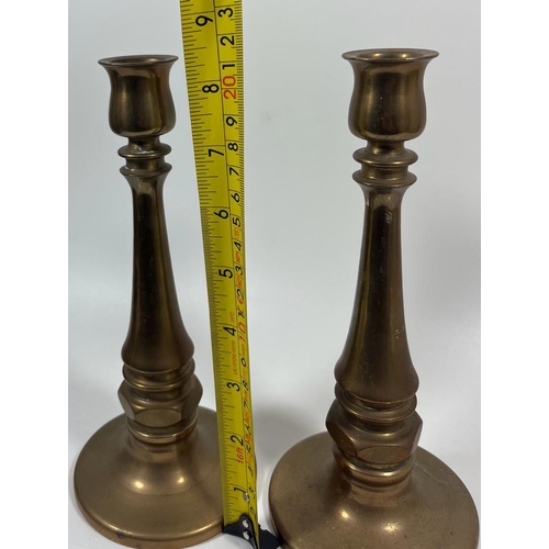 51 - A VINTAGE PAIR OF CHURCH GOTHIC CANDLESTICKS WITH SCREW IN HOLE TO THE BASE POSSIBLY FOR AN ALTAR, W... 