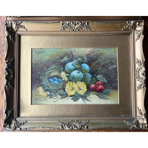 55 - A PAIR OF GILT FRAMED HAND PAINTED STILL LIFE WATERCOLOURS WITH OIL HIGHLIGHTS, SIGNED E.CHESTER, 36... 