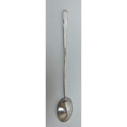 57 - A BELIEVED SILVER LONG SPOON WITH TURQUOISE CABOCHON, LENGTH 21.5 CM