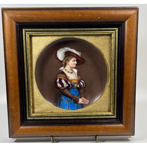 59 - A 19TH CENTURY FRAMED HAND PAINTED PORCELAIN PLAQUE DEPICTING A LADY WITH A FEATHERED HAT, 27 X 26CM