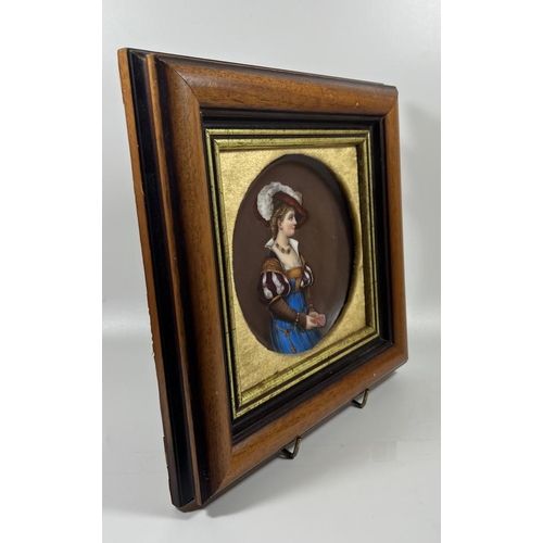 59 - A 19TH CENTURY FRAMED HAND PAINTED PORCELAIN PLAQUE DEPICTING A LADY WITH A FEATHERED HAT, 27 X 26CM