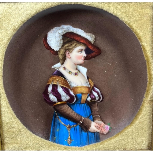 59 - A 19TH CENTURY FRAMED HAND PAINTED PORCELAIN PLAQUE DEPICTING A LADY WITH A FEATHERED HAT, 27 X 26CM