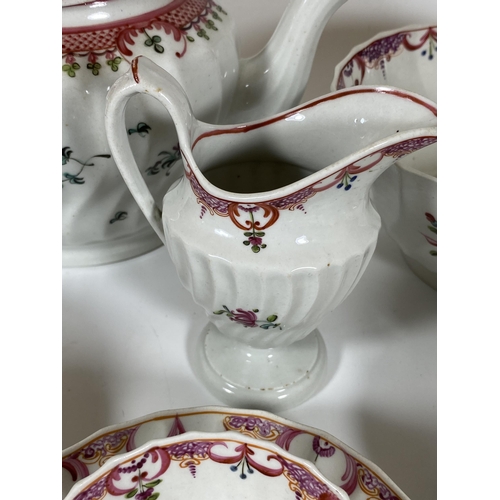 702 - A C.1790 NEW HALL / FACTORY X PORCELAIN TEA SET COMPRISING TEAPOT, SIX TEA BOWLS AND SAUCERS, CREAM ... 