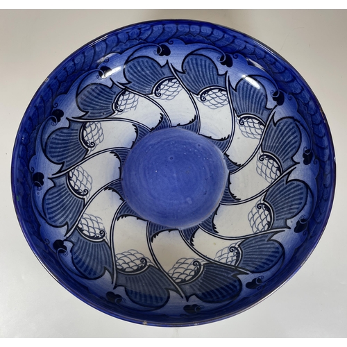 703 - A LARGE ART NOUVEAU ROYAL DOULTON BLUE AND WHITE GEOMETRIC FRUIT BOWL WITH ARTISTS MONOGRAM TO BASE