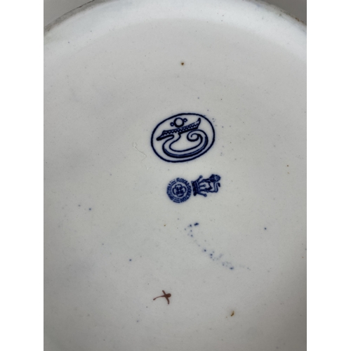 703 - A LARGE ART NOUVEAU ROYAL DOULTON BLUE AND WHITE GEOMETRIC FRUIT BOWL WITH ARTISTS MONOGRAM TO BASE