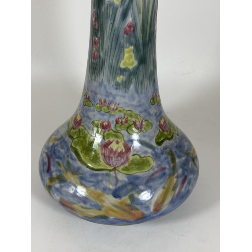 707 - A COBRIDGE STONEWARE WATER LILY POND BULLRUSH PATTERN VASE, HEIGHT 32CM, (SECONDS)