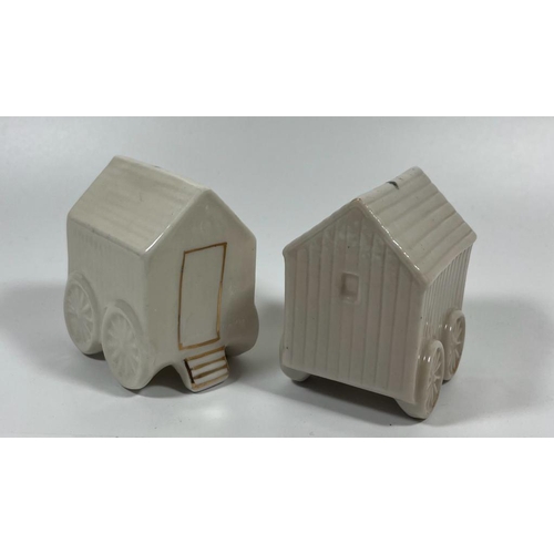 712 - A PAIR OF VINTAGE CRESTED WARE CHINA BATHING HUTS, FLORENTINE & CORONA - MORECAMBE AND APPLESY COAT ... 