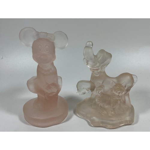 713 - TWO VINTAGE WALT DISNEY PRODUCTIONS PINK FROSTED GLASS FIGURES - MINNIE MOUSE & PLUTO