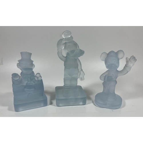 715 - THREE VINTAGE WALT DISNEY PRODUCTIONS BLUE FROSTED GLASS FIGURES - MICKEY MOUSE, DONALD DUCK AND GOO... 