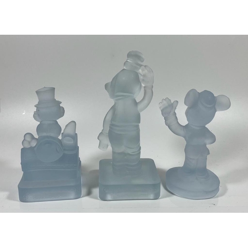 715 - THREE VINTAGE WALT DISNEY PRODUCTIONS BLUE FROSTED GLASS FIGURES - MICKEY MOUSE, DONALD DUCK AND GOO... 