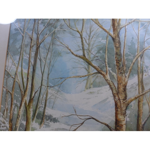 307 - PATRICIA TAYLOR (BRITISH 20TH CENTURY) 'WINTER MORNING DELAMERE', WATERCOLOUR, SIGNED LOWER LEFT, LA... 