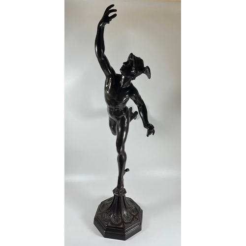 51 - A LARGE BRONZE MODEL OF THE GREEK GOD HERMES ON OCTAGONAL PLINTH BASE, HEIGHT 71 CM