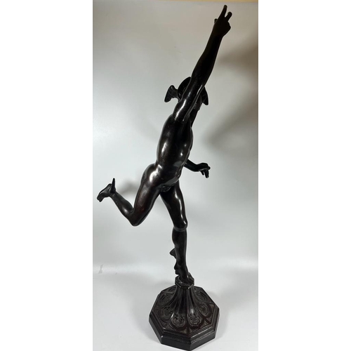 51 - A LARGE BRONZE MODEL OF THE GREEK GOD HERMES ON OCTAGONAL PLINTH BASE, HEIGHT 71 CM