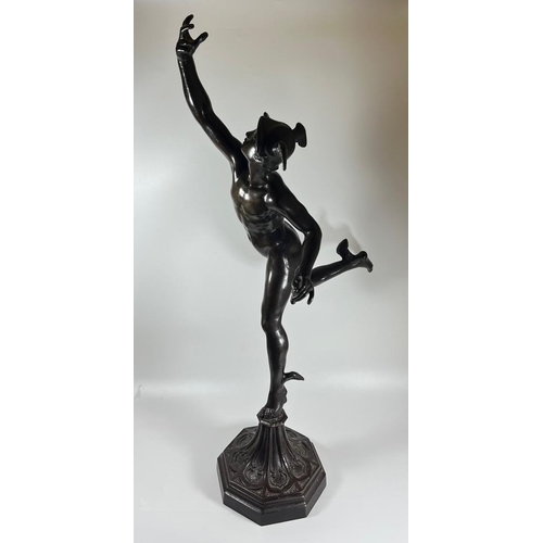 51 - A LARGE BRONZE MODEL OF THE GREEK GOD HERMES ON OCTAGONAL PLINTH BASE, HEIGHT 71 CM