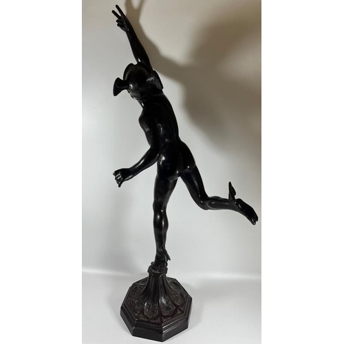 51 - A LARGE BRONZE MODEL OF THE GREEK GOD HERMES ON OCTAGONAL PLINTH BASE, HEIGHT 71 CM