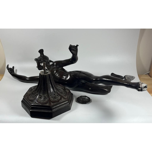 51 - A LARGE BRONZE MODEL OF THE GREEK GOD HERMES ON OCTAGONAL PLINTH BASE, HEIGHT 71 CM